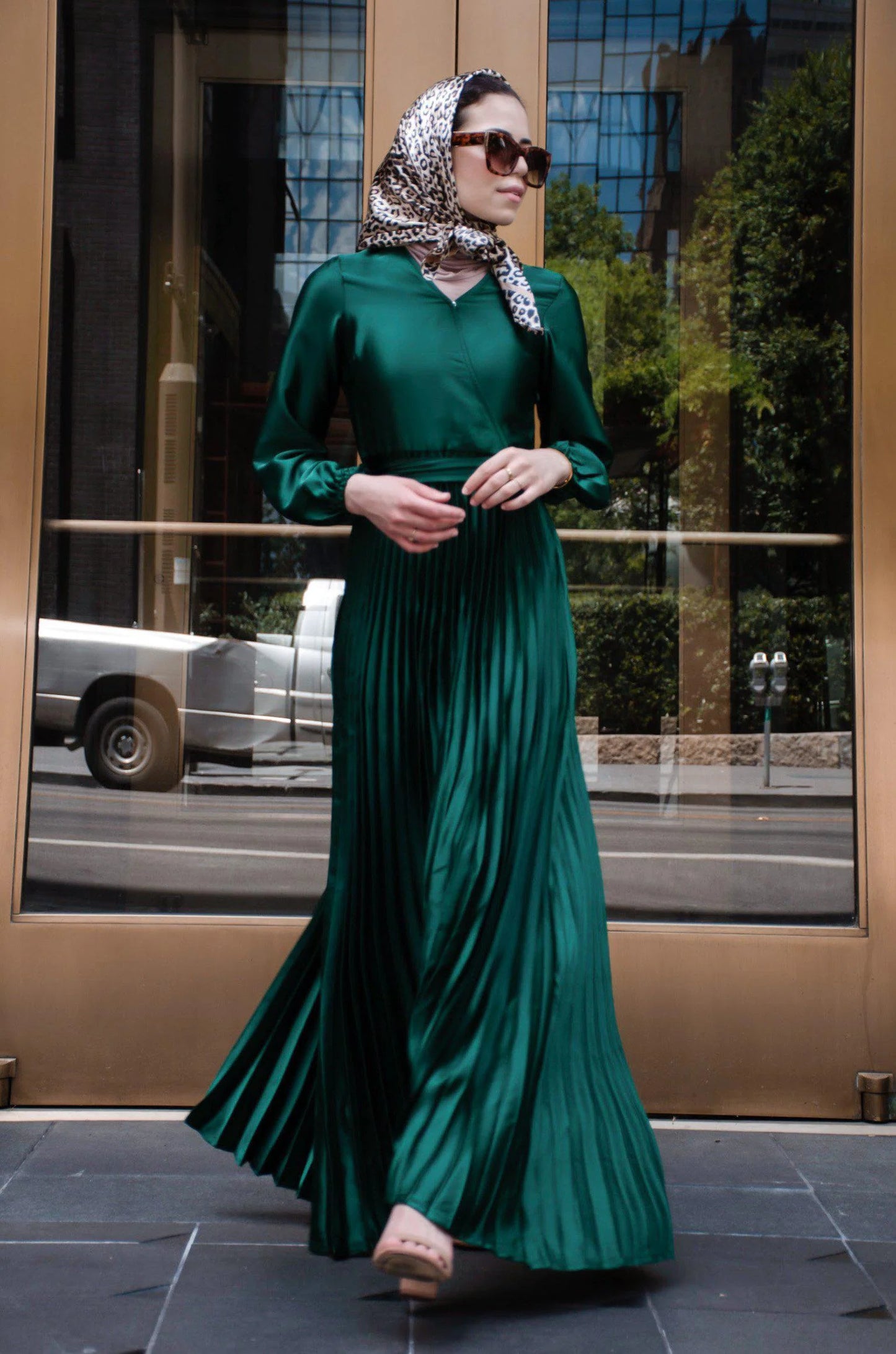 Ayla Pleated Satin Gown – Emerald