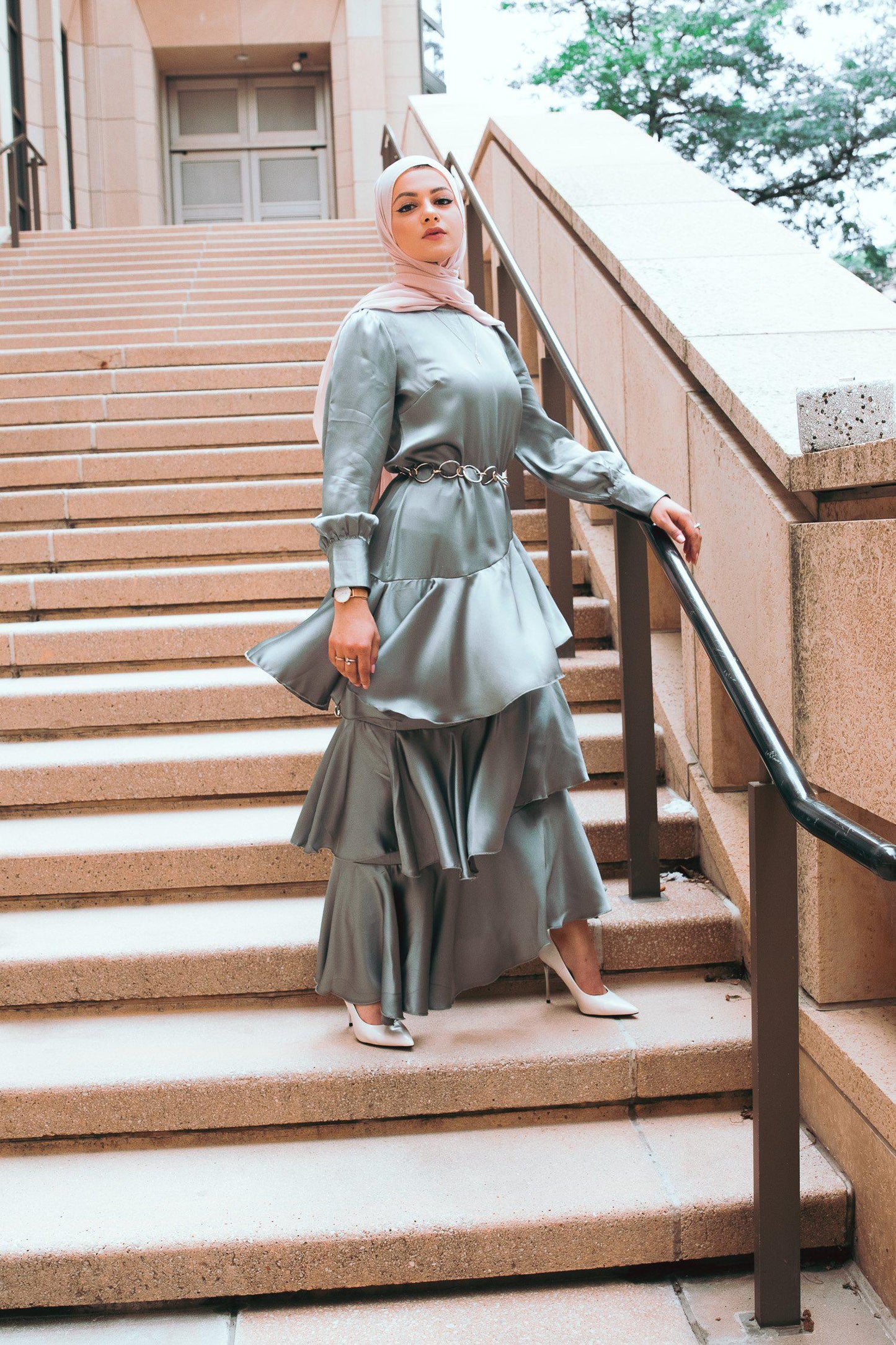 Seville Layered Satin Gown - Pale Jade