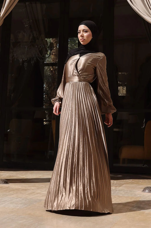 Pleated Satin Gown in Metallic Gold