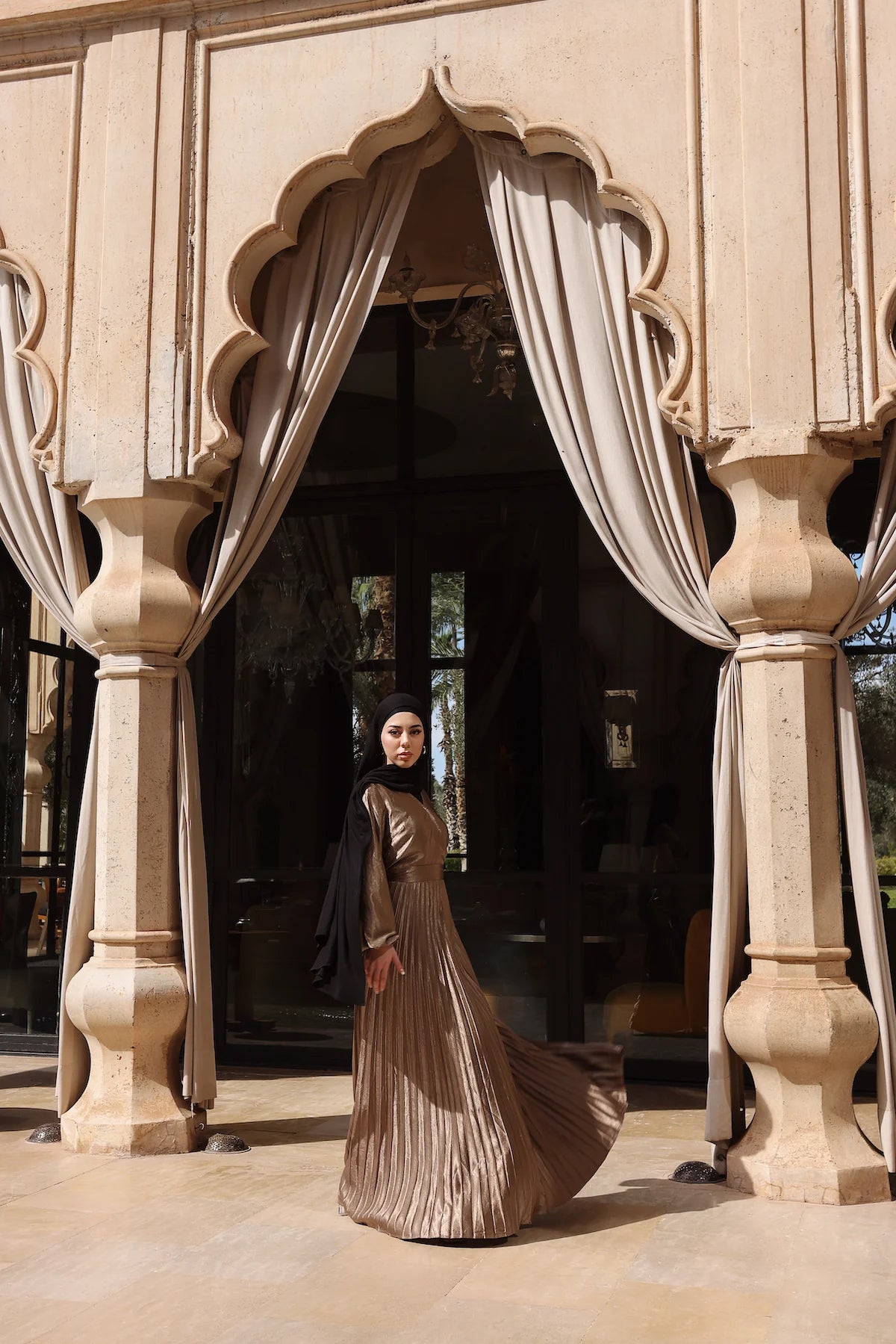Pleated Satin Gown in Metallic Gold