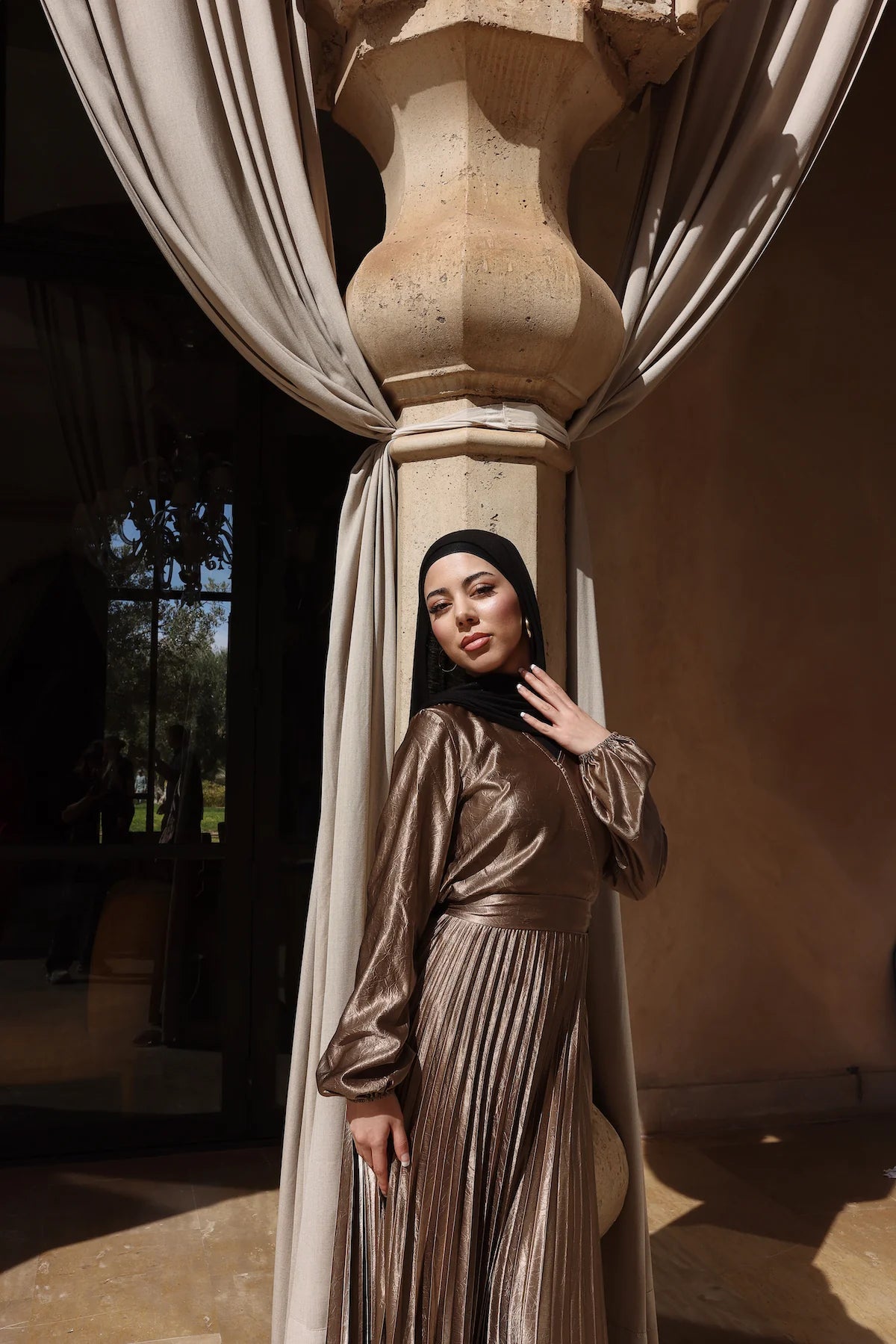 Pleated Satin Gown in Metallic Gold
