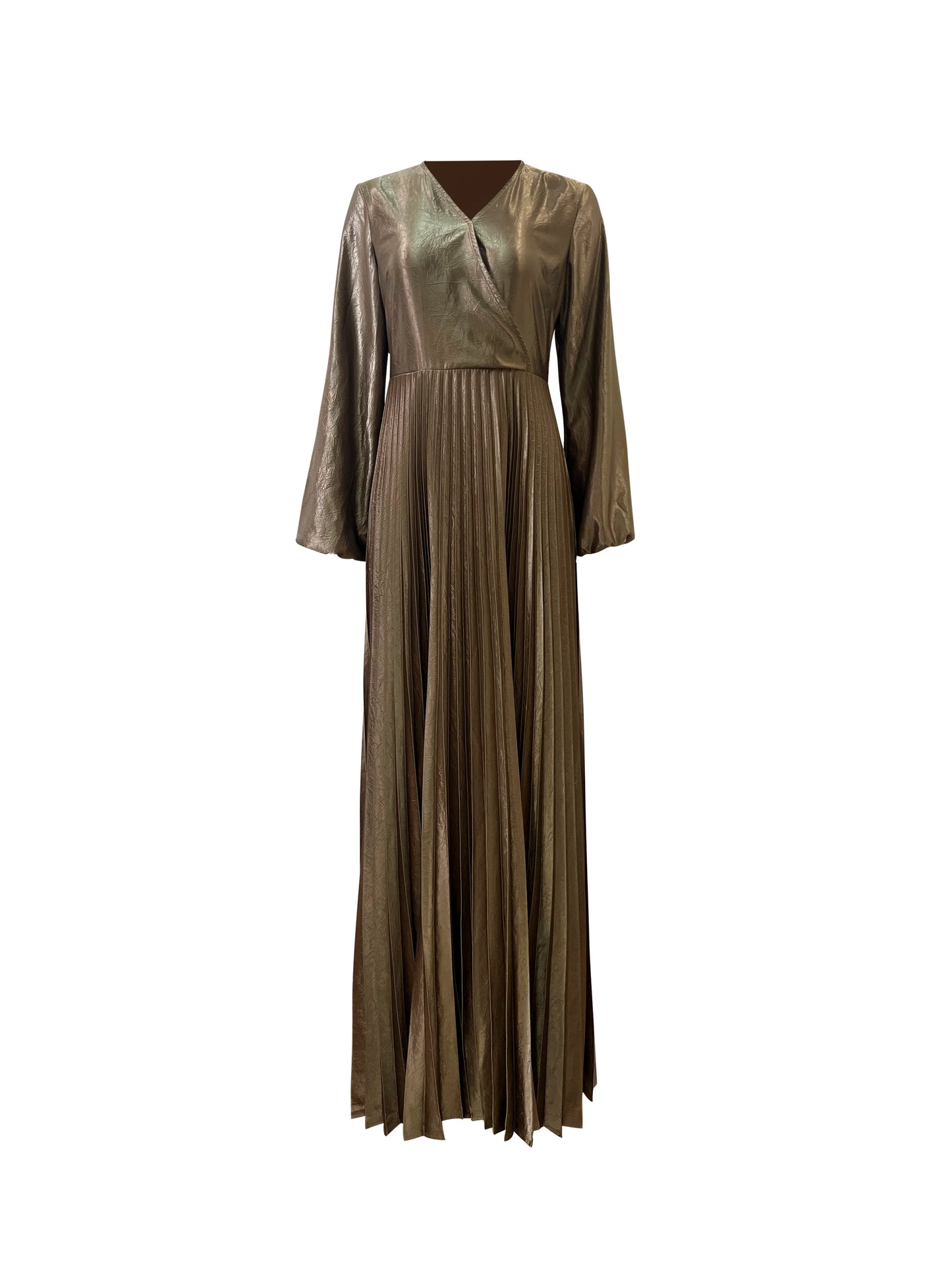 Pleated Satin Gown in Metallic Gold
