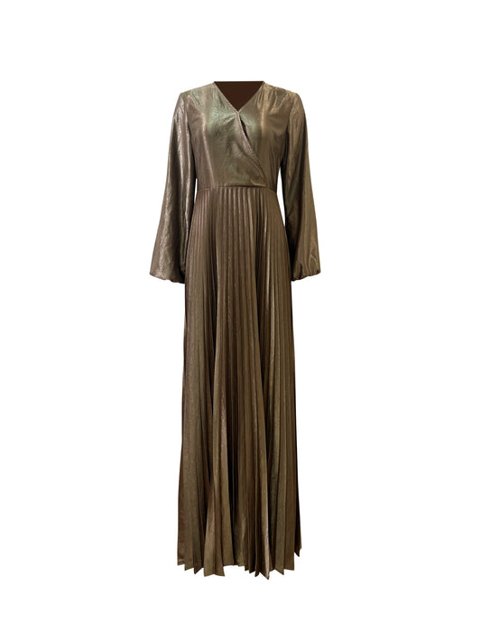 Pleated Satin Gown in Metallic Gold